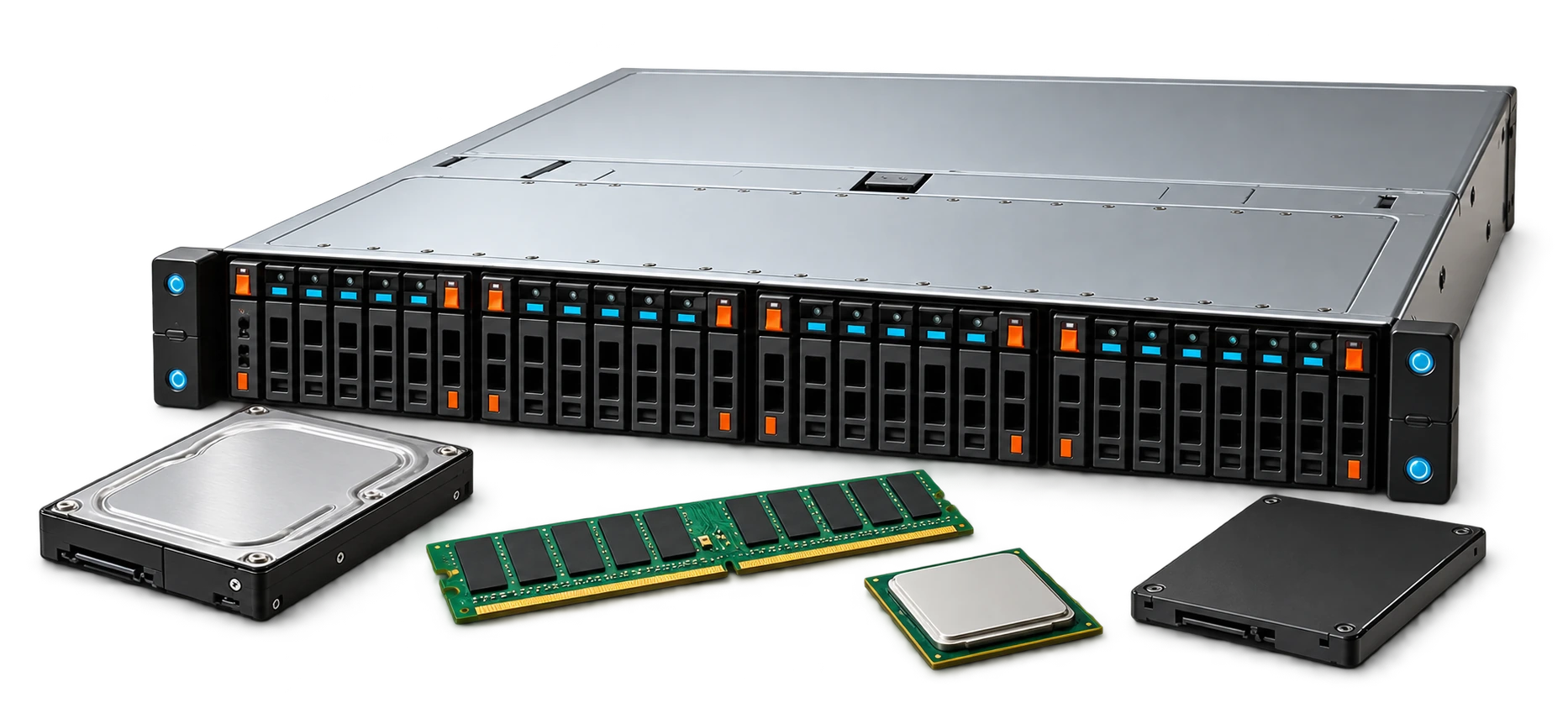 IT hardware categories: rack server, hard drive, memory, processor and SSD